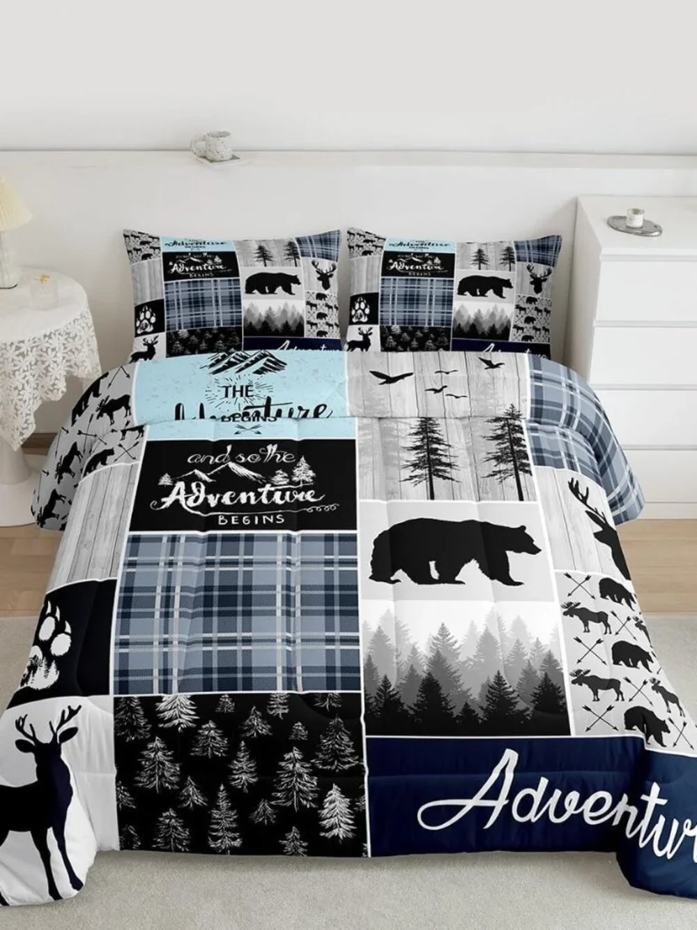 Farmhouse Cabin Comforter Set, Rustic Bear Deer Bedding Set Twin Size Woodland C